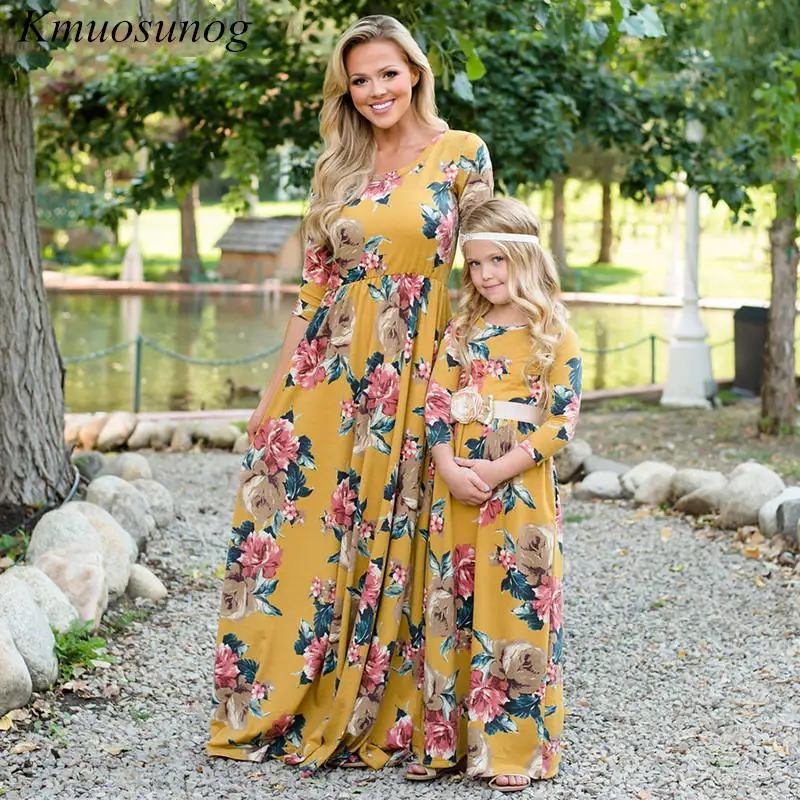

Autumn Mommy and me clothes Winter 2019 Three Quarter Blue Print Dress Mother Daughter Dresses Parent Girls Child Outfits C0546