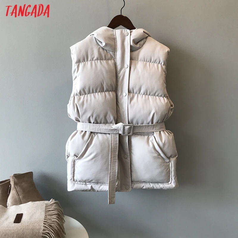 Бежевый Tangada, Женские однотонные парки без рукавов с поясом, с капюшоном, на молнии,, зимнее женское теплое длинное пальто, корейская модная куртка ASF01 - Цвет: Бежевый