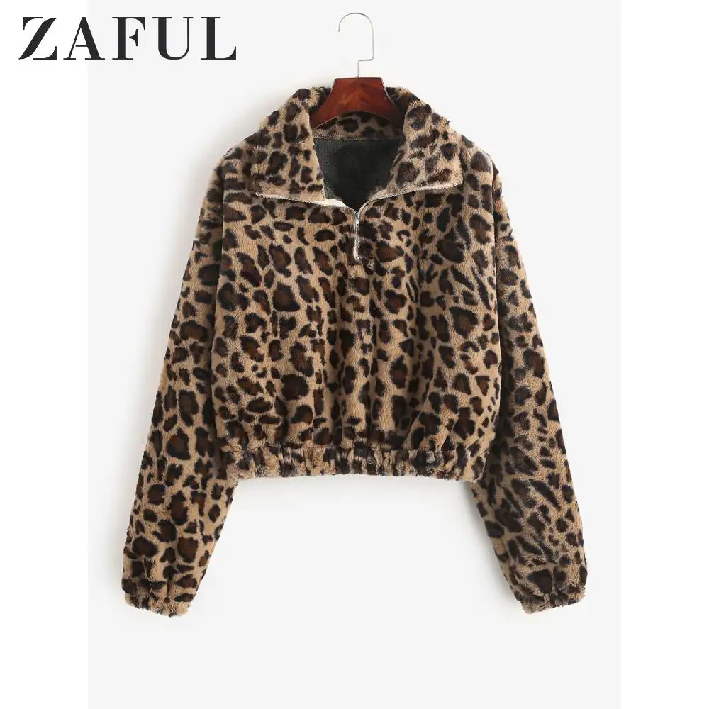 ZAFUL/Пушистый свитер с леопардовым принтом, на молнии, с заниженным плечом, с длинным рукавом, свободные, на молнии, короткие толстовки, Осень-зима, теплые