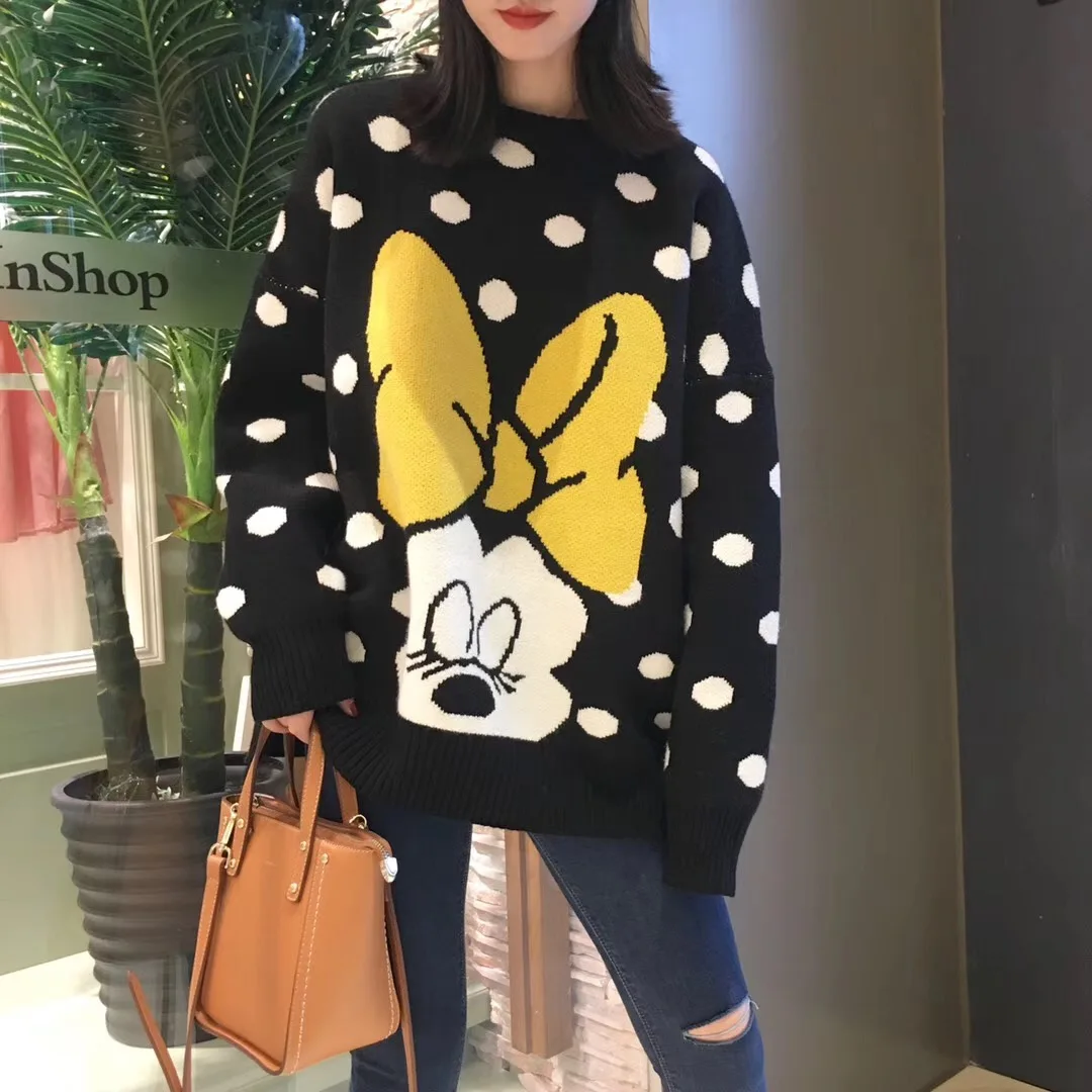 Женский свитер с милой мультяшной мышкой, зимний черный свитер в горошек с длинным рукавом, корейские свободные вязанные пуловеры Харадзюку больших размеров - Цвет: Black