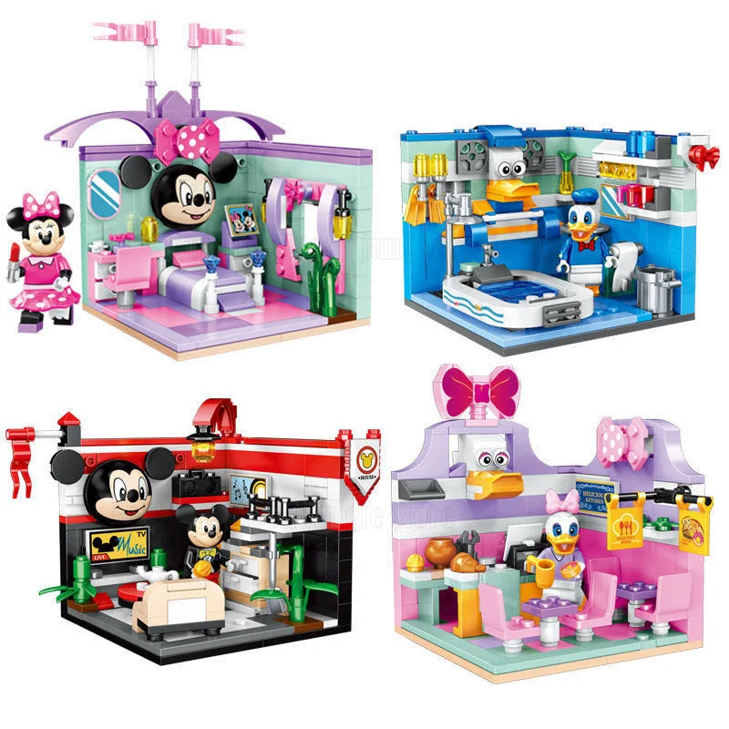 

2021 4in1small building block toys fairy tale dream house Mickey Minnie duck model building blocks for childrens toy gift Disney