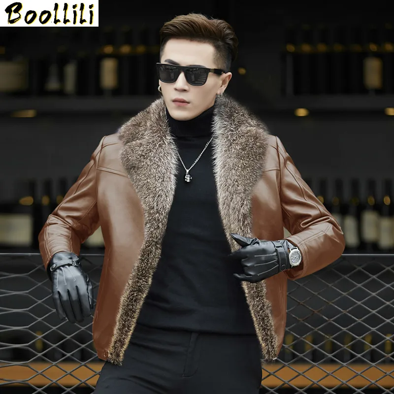 

Boollili Men Autumn Winter Racoon Fur Collar Second Layer of Sheepskin Coat for Men Wool Fur Liner Jacket