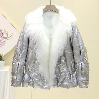 Silver Зимняя корейская мода, лоскутный меховой воротник, Женская Глянцевая хлопковая куртка, негабаритная, свободная, толстая, теплая, плюшевая подкладка, парки, Mujer - Цвет: Silver