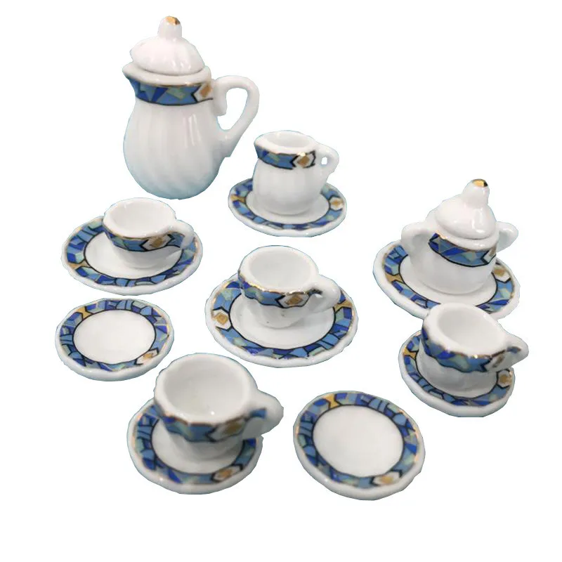 

15 Pcs Set 1:12 Miniature Porcelain Tea Cup Set Chintz Flower Tableware Kitchen Dollhouse Furniture Toys for Children