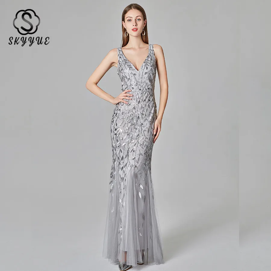 

Skyyue Solid Evening Dress Sequin Embroidery Robe Soiree Evening Gowns 2019 Double V-neck Marmerid Formal Dresses Vestidos LT004