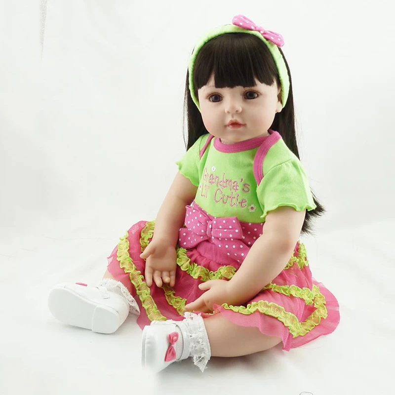58 см Reborn Baby Doll игрушка мягкая силиконовая принцесса платье ткань тело черные длинные волосы Реалистичная новорожденная Кукла Малыш детская игрушка