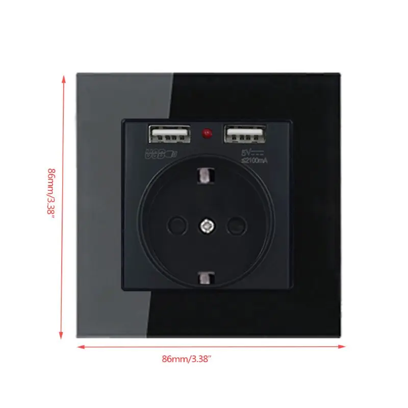 

EU Standard Wall Electrical Power Socket with Dual Usb Ports Tempered Glass