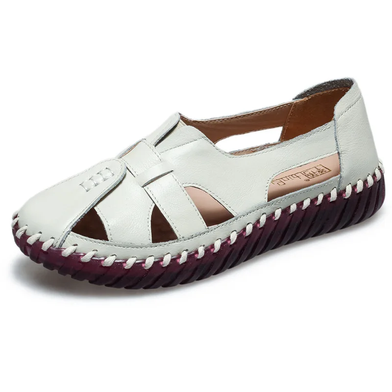 GKTINOO Genuine Leather Women Flats Hollow Loafers Summer Women's Breathable Beach Female Sandals Big Size 35-42