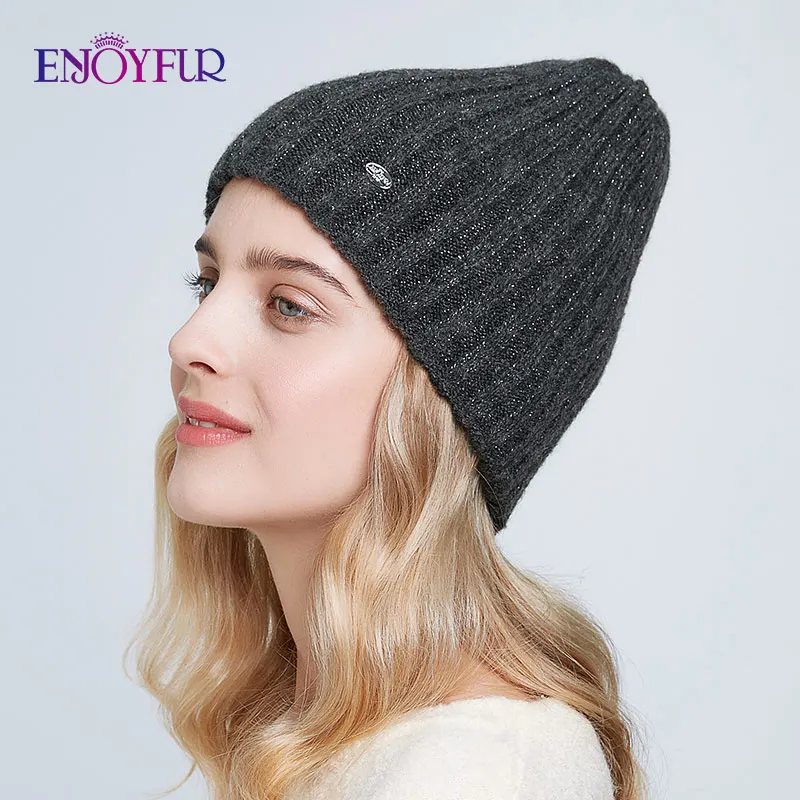 ENJOYFUR Thick warm winter hats for women soft mohair knitted female caps double lining beanies