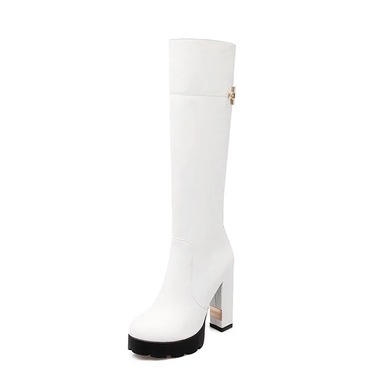MAZIAO/женские сапоги до колена на платформе; модные зимние сапоги на не сужающемся книзу высоком массивном каблуке с пряжкой; женские высокие сапоги для вечеринок; коллекция года; Осенняя обувь - Цвет: Белый