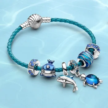 

2020 New Summer Ocean S925 Sterling Silver Narwhal Dolphin Blue Cz Turtle Charm Beads Original Female Diy Bracelet Accessories