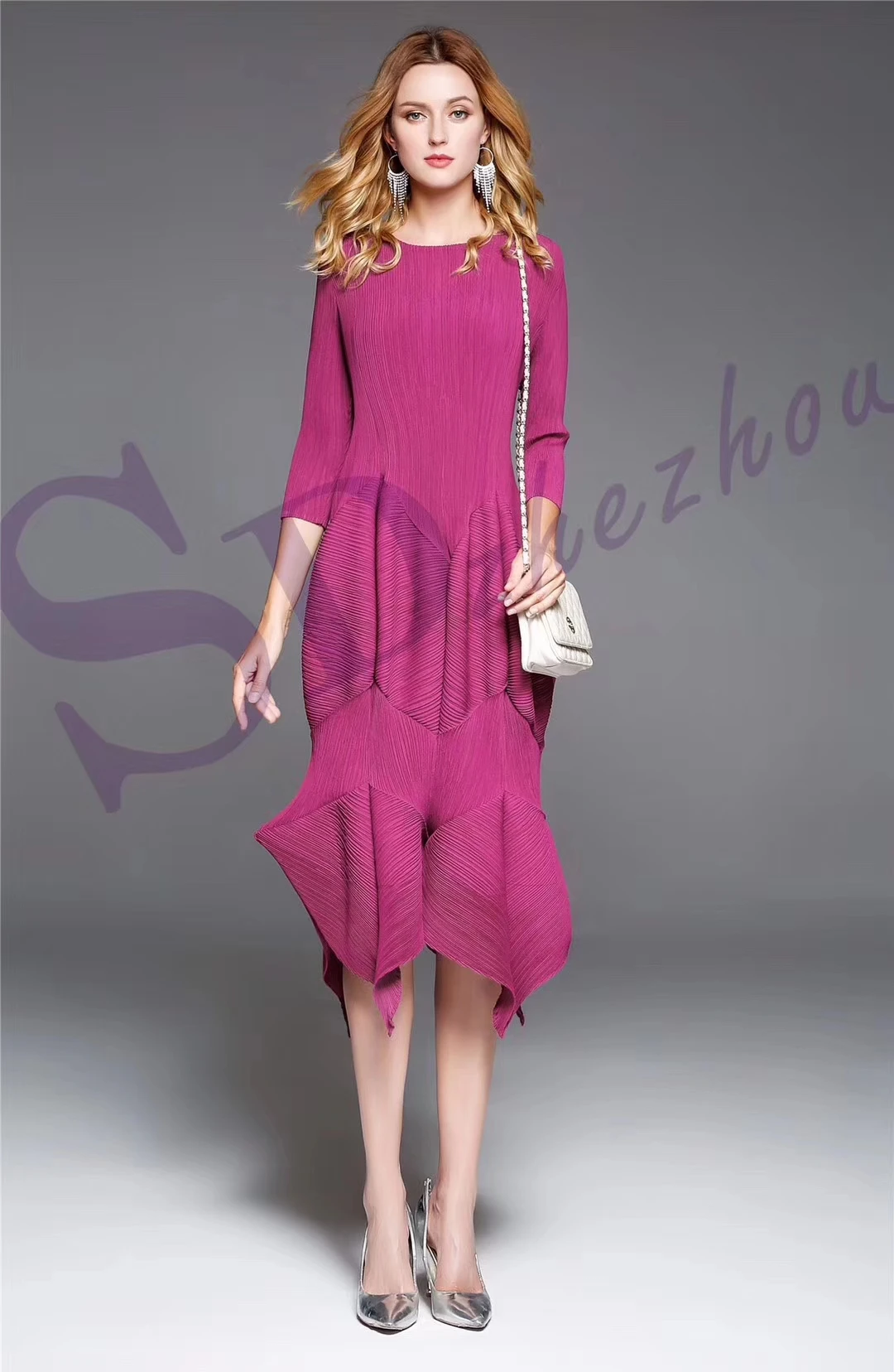 Лидер продаж Miyake модное однотонное платье с круглым вырезом три четверти бутон платье