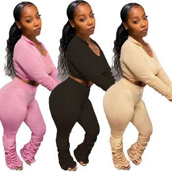 

Fitness Women Set Two Piece Set Tracksuit Crop Tops + Stacked Joggers Sporty Sweatpants Suit Outfit Bell Bottom Matching Sets