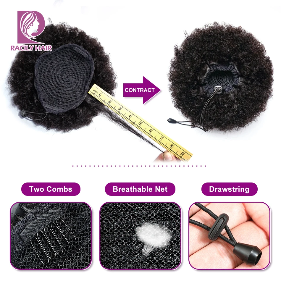 Racily Hair Afro Puff Drawstring Ponytail Human Hair Brazilian Short Curly Drawstring Ponytail Afro Puff Bun Chignon Accessories human hair extensions