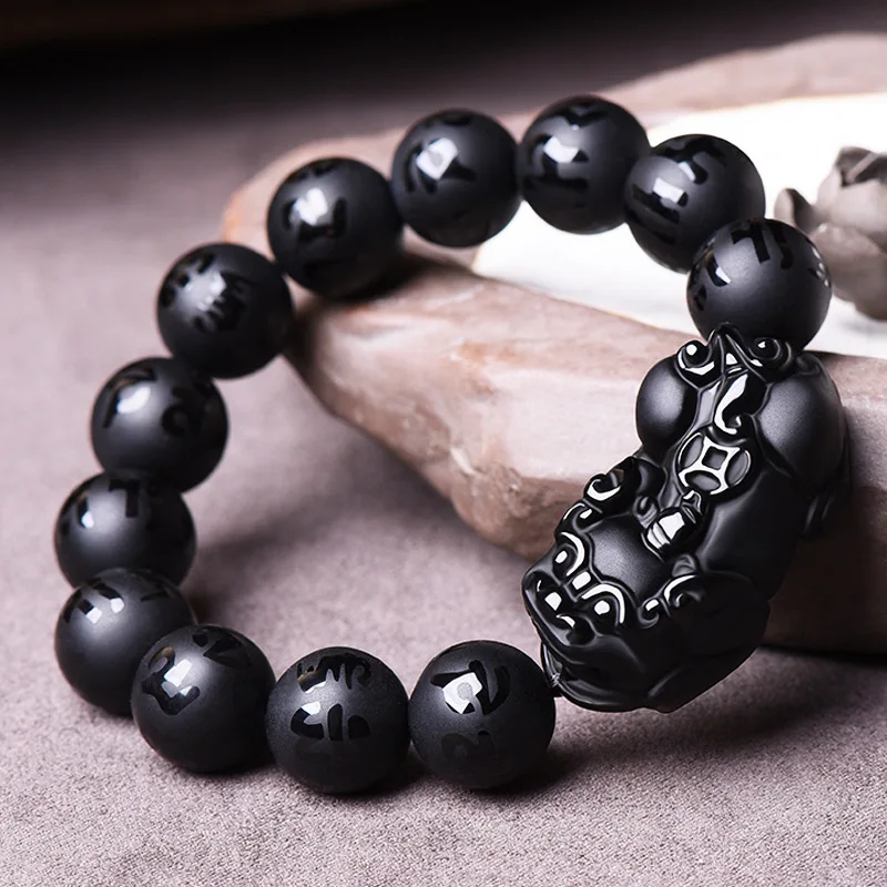 Minimaliste Naturel Noir Obsidian Bracelet hommes 6 mm de perles breloque Oysterlock Hombre