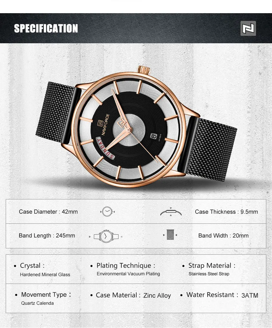 NAVIFORCE, простые кварцевые часы для мужчин, черный стальной сетчатый ремешок, календарь, модная одежда, мужские часы, Топ бренд, Роскошные наручные часы