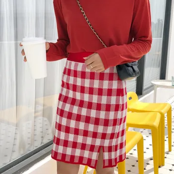 

Autumn New Simple Elegant Women Skirts Cotton Knit High Waist Design Skirt Plaid Print Button Tight Skirts