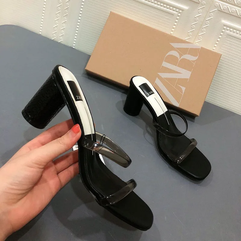 ZAR Women's Shoes 2020 New Thick Heel Sandals Open Toe With Transparent Square Toe Mid-High Heel Sandals And Slippers Plus Size