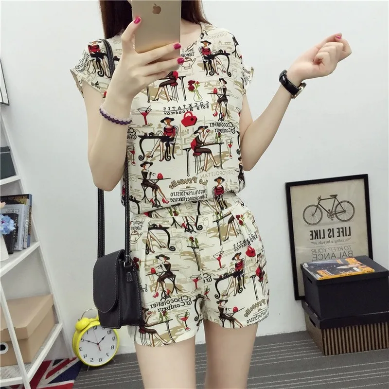 

Shorts Suits Harajuku Print Sweet Loose Elastic Waist Women Short Womens Pockets Summer Korean Style Sweet Ladies Two Piece Set