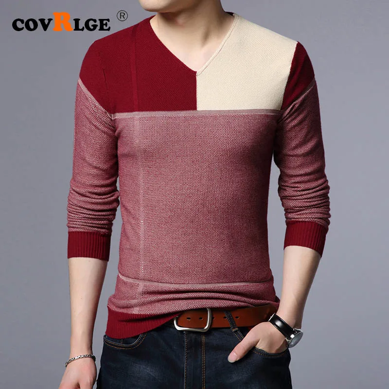 

Covrlge Men's Sweater V-Neck Splice Slim Casual Computer Knittwear Mens Fleece Sweaters 2019 Autumn Pullovers Men M-4XL MZL050