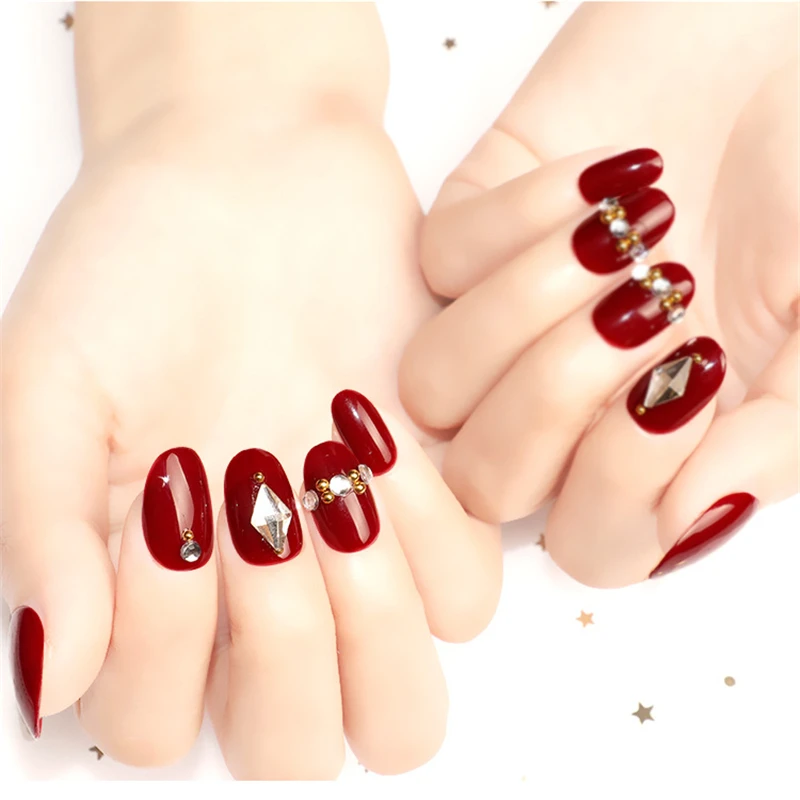 Nusx 24pcs Classical French Fake Nail Diamond Decoration Short Round Head Red Full Cover Bride False 3