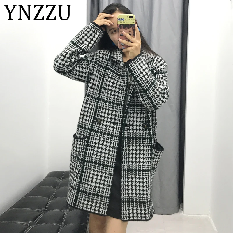 YNZZU осенне-зимний винтажный шерстяной вязаный кардиган в клетку для женщин с отложным воротником и карманами, длинная свободная женская верхняя одежда, пальто AT375