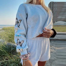 

Women's Sweatshirt Gray Casual Butterfly Print Cropped Pullover Loose Korean Hoodies Teenager Simple Sports Tops Streetwear