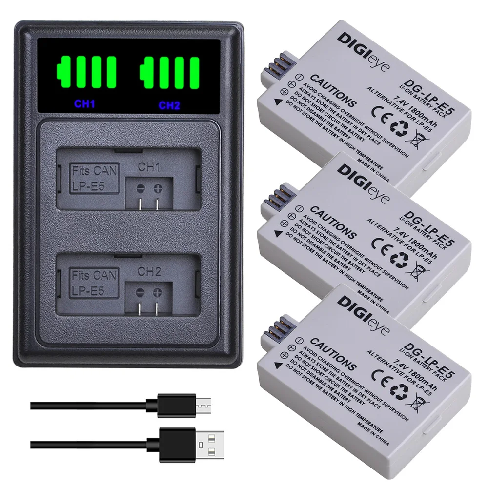 1800Mah Lp-E5 Lp E5 Batteria + Caricatore Doppio Led Per Canon Eos Rebel Xs, Rebel T1I, Rebel Xsi, 1000D, 500D, 450D,Kiss X3,X2,F