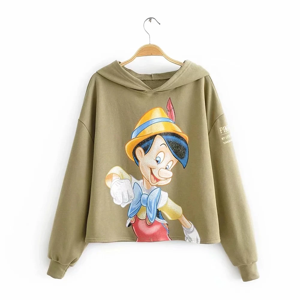 Pinocchio Fairy Women Hoodies New Winter Cartoon Print Green Long Sleeve O Neck Ladies Sweatshirt Casual Zaraing Pullover