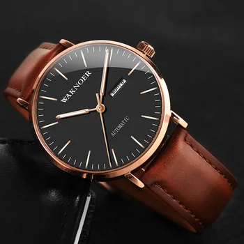 

WAKNOER Business Mechanical Watch Leather Belt Men Waterproof Auto Date Watch Male Auto Date Luxury Diamond Men's Watch Watches