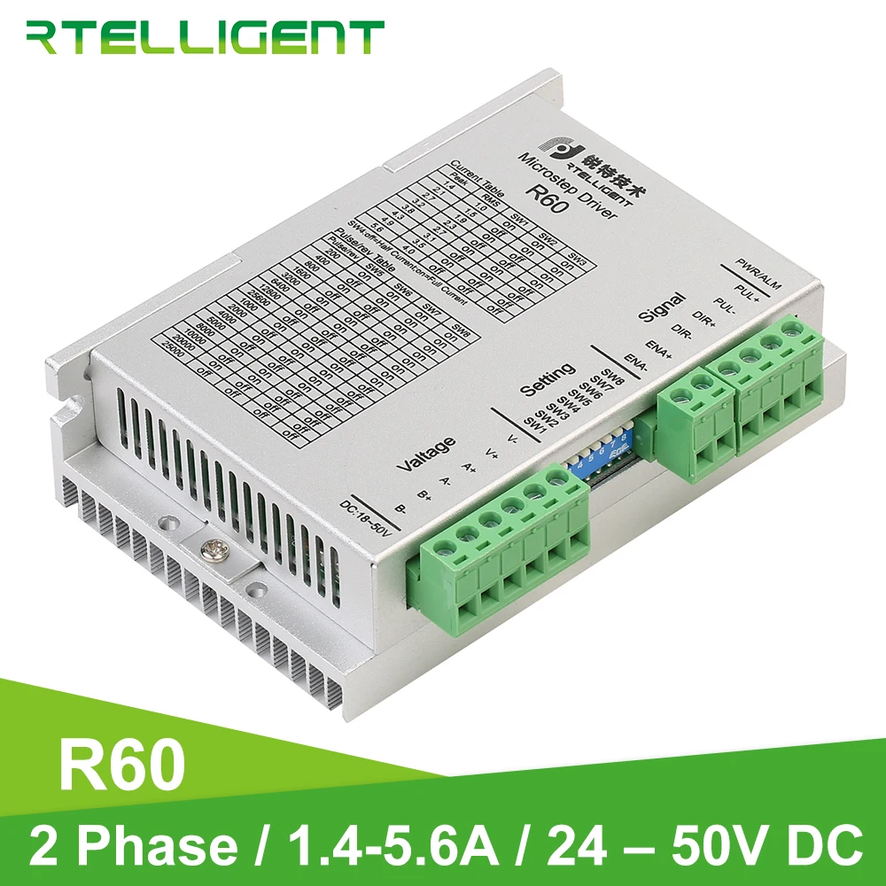 

Rtelligent R60 Digital NEMA 23 24 Stepper Motor Driver Controller 24-50VDC 5.6A for NEMA 23 24 Stepper Motor CNC Machine Kit