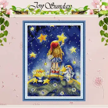 

Girl picking stars patterns counted Cross Stitch 11CT 14CT Cross Stitch Sets Chinese Cross-stitch Kits Embroidery Needlework