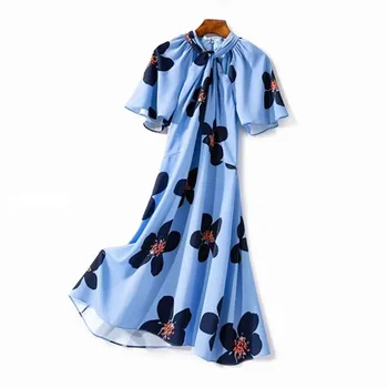 

Women's Knee-length Dress Blue Neckline Cross Hollow out Short Sleeve High Waist Flower Print Dresses