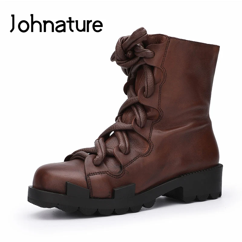 

Johnature Round Toe Platform Boots 2020 New Winter Women Shoes Genuine Leather Zip Flat With Cross-tied Handmade Ankle Boots