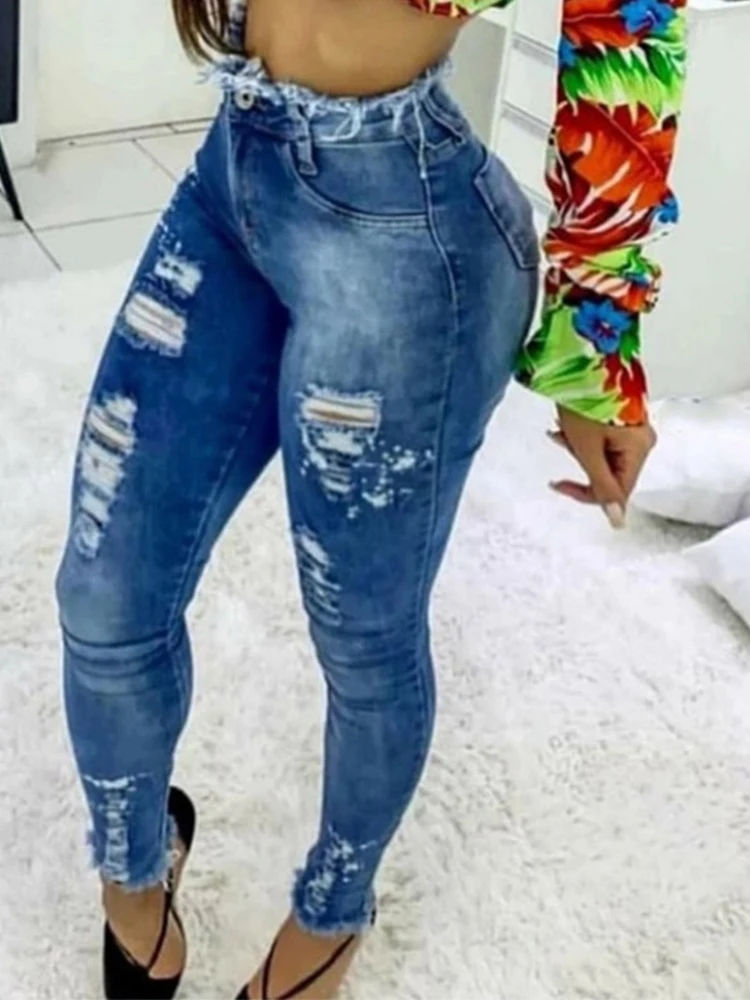 2021 Fashion Women's Jeans New Fall Casual Hot-selling High Street Clothing Solid Color Waist Slim-fit Ripped | Женская одежда