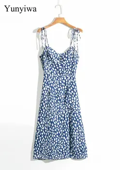 

2020 Women's Blue Dot Print Suspender Dress Women Sexy Spaghetti Strap Club Dresses Elegant Summer Clothes Vestidos