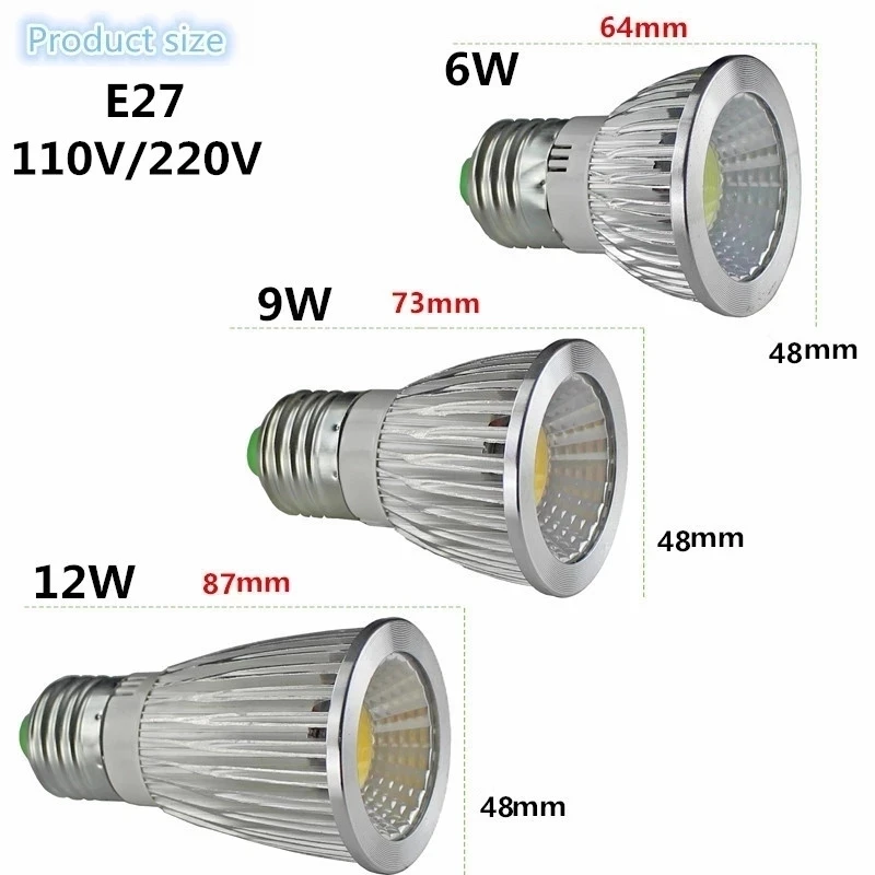 Led Licht 6W 9W 12W Cob GU5.3 GU10 E27 E14 MR16Dimming Spotlight High Power Lamp Rood groen Blauw Geel AC110V/220V Ac/DC12V