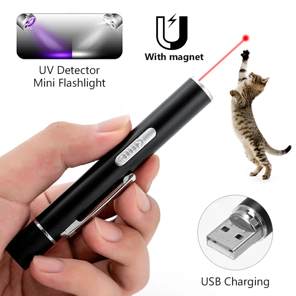 4mW USB Rechargeable 3 In 1 Laser Pointer  Cat Dog Toy Red Laser Pointer Pen + UV Light + White Flashlight Stainless Steel
