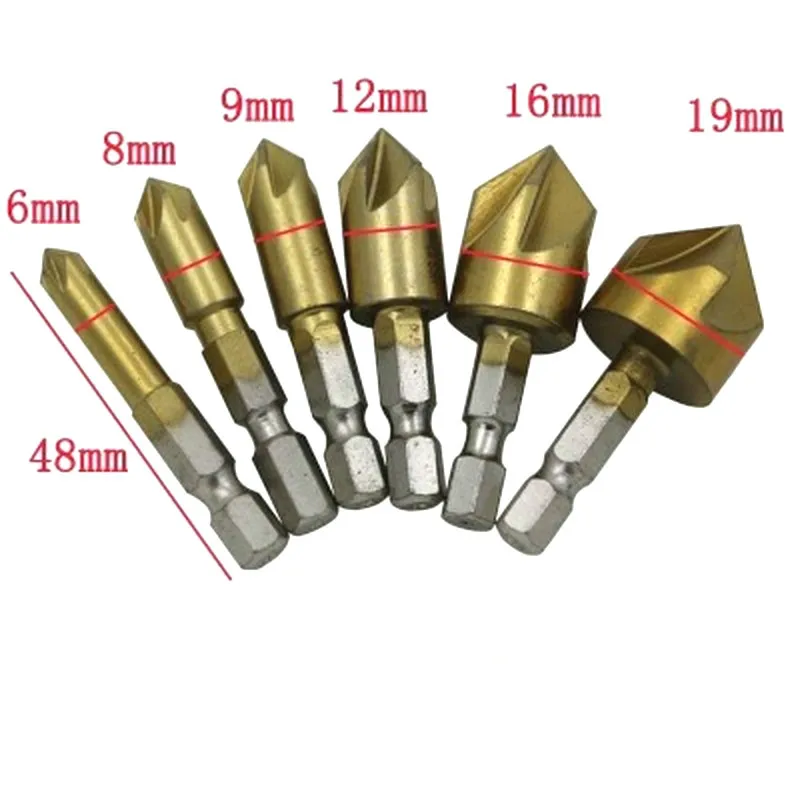 

3PCS/6PCS HSS Chamfer Countersink Chamfer Drill Bit 1/4" Hex Shank Five-edge 90 Degree Wood Chamfering Cutter 12MM-19MM 6MM-19MM