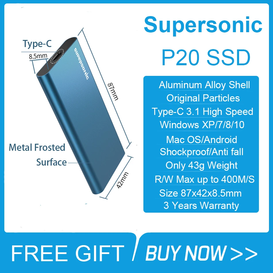 Supersonic Externe SSD 256GB 512GB 1TB 2TB Typc-C 31 USB 3.0 High Speed Solid State stick für Compu