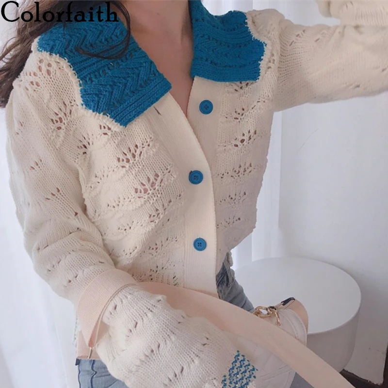 Colorfaith New 2020 Women's Sweaters Summer Turn-down Collar Casual Single Breasted Knitting Hollow Out Short Cardigans SWC2828 |