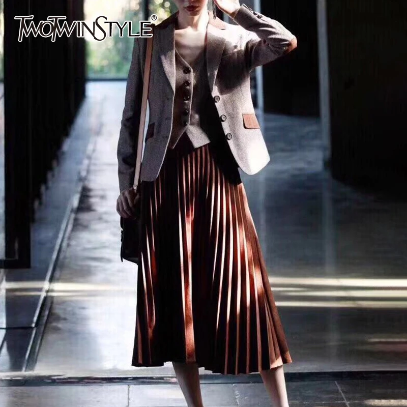 

TWOTWINSTYLE Elegant Three Piece Suits Women Notched Blazer Patchwork Vest High Waist Plate Skirt Hit Color Sets Female Clothing