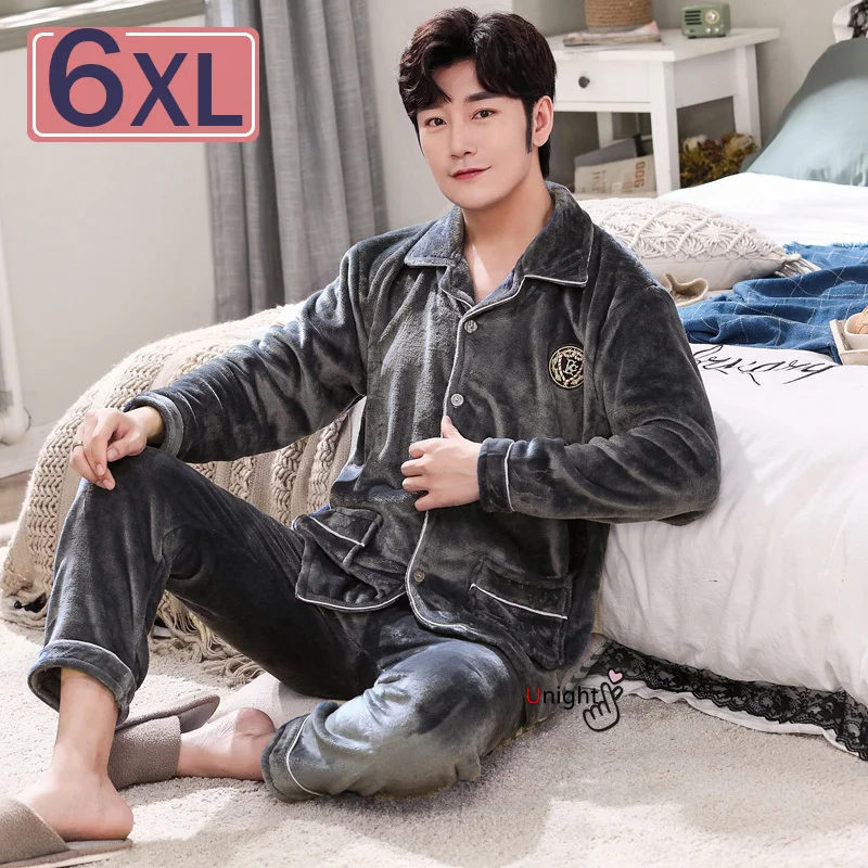 Winter Flannel Men's Winter Pajamas 2 Pcs Set Long Sleeved Thickened Sleepwear 6XL Large 5XL