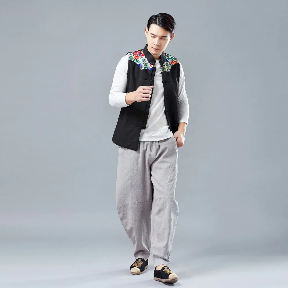 LZJN 2019 Men's Summer Waistcoat Chinese Style Print Patchwork Linen Button Down Kung Fu Shirt Sleeveless Vest Jacket (7)