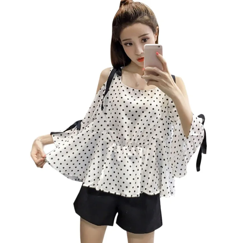 

Spring Autumn Korean Version Of Women's Fashion Loose Sexy Wave Point Stripe Chiffon Shoulder Design Casual Comfortable T-Shirt
