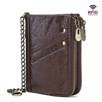 

Contacts Men's RFID Blocking Genuine Leather Wallet Small Wallet Coin Purse with Anti-theft Chain