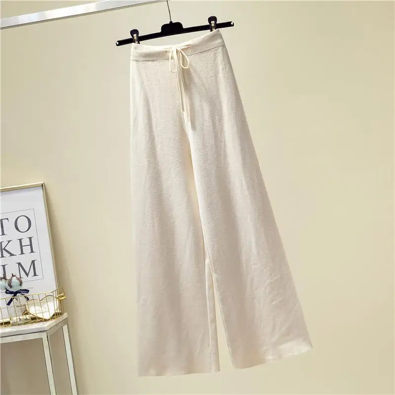 Свободный жакет толстый Pantalon Femme Повседневное Высокая Талия Chic уличной вязаные брюки для женщин; Большие размеры широкие Для женщин брюки Harajuk - Цвет: Apricot