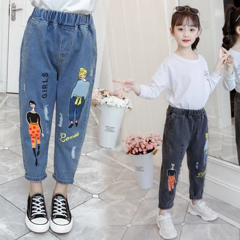 

2020 Fashion Cartoon Jeans for Girls Teenage Children Jeans Elastic Waist Denim Pants Kids Trousers for Girls Kids Clothes 4-13T