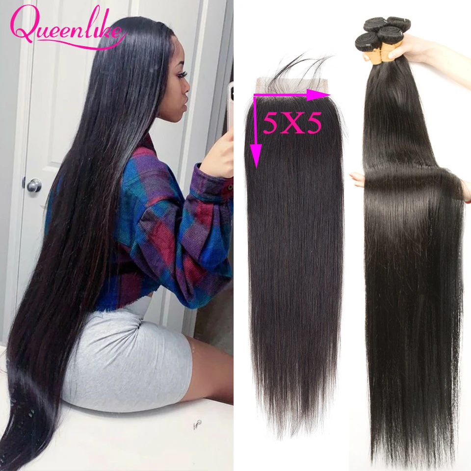 Bone Straight 3 Bundles With Closure Malaysian Hair Weave Bundles With
