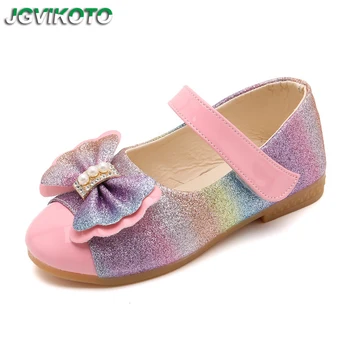 

Baby Girl Leather Shoes Little Kids Big Children Princess Flat Shoes Rainbow Color Bow-knot With Rhinestone Sweet Soft 21-36 New